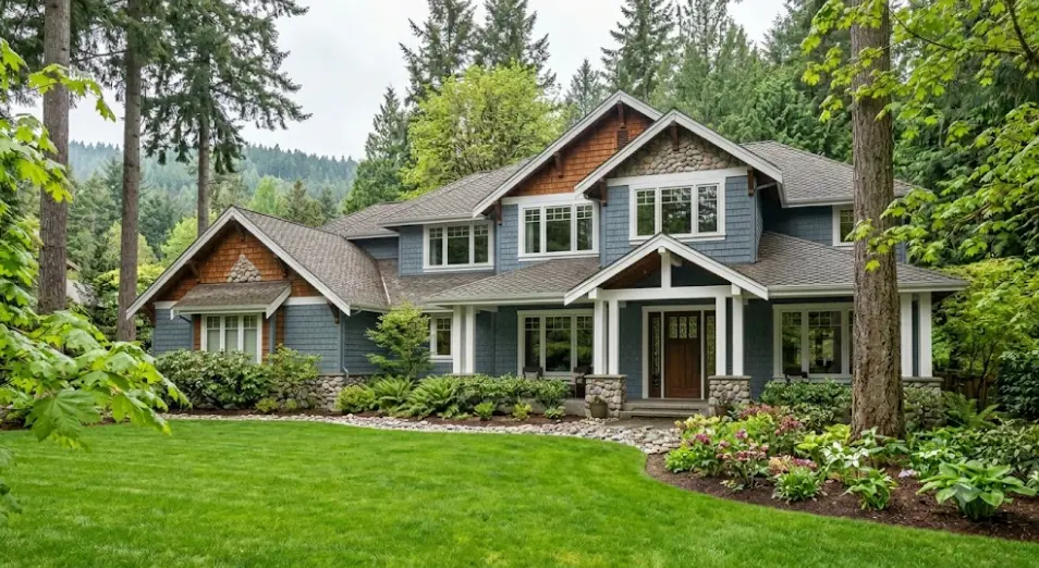 Professional house painting in Kirkland WA showing freshly painted craftsman home with cedar siding and crisp trim
