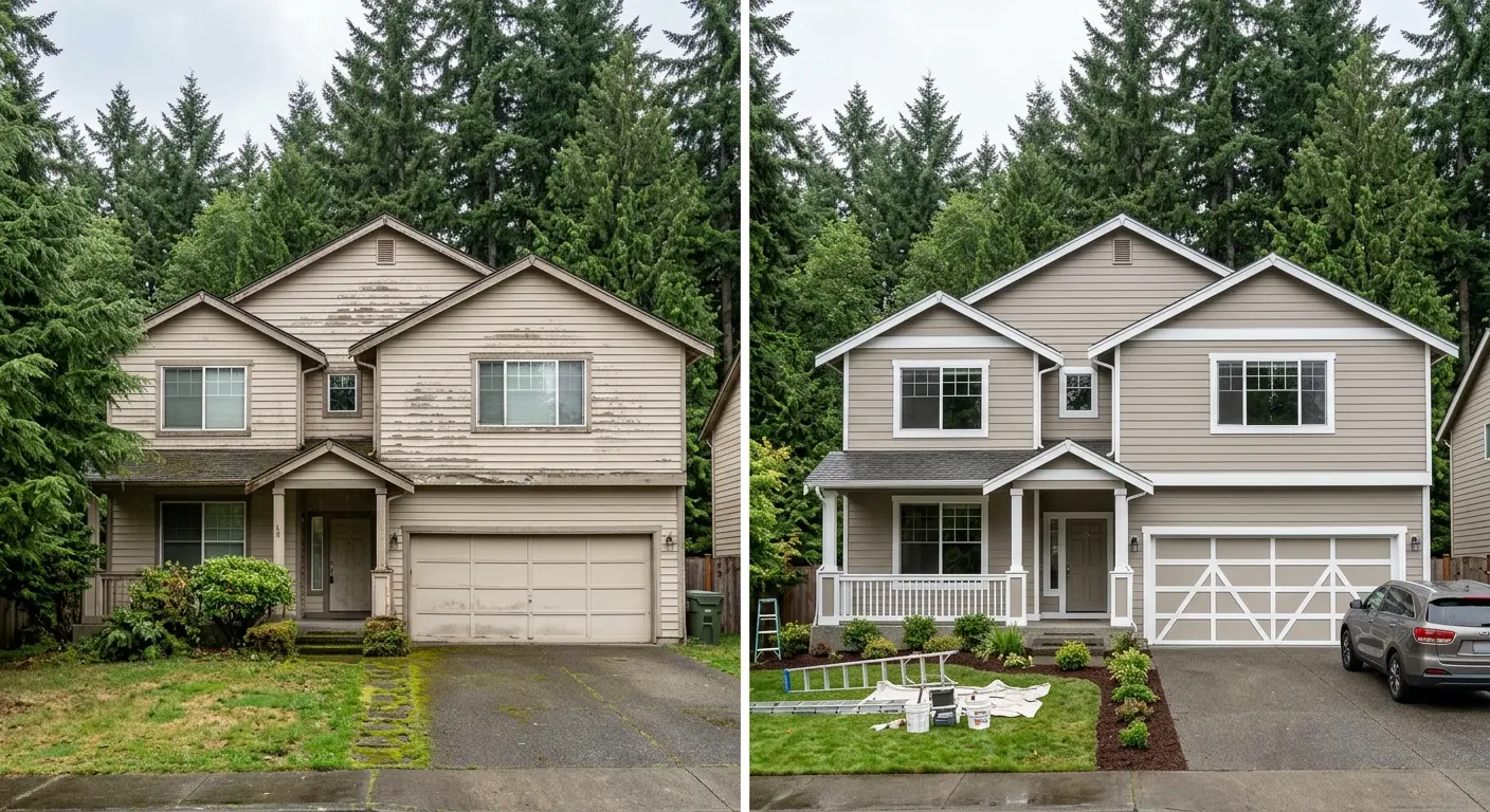Before and after exterior house painting in Renton WA — Pizoni Painting Company