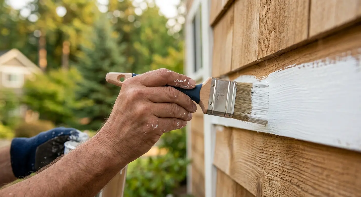 Painter applying white paint to cedar siding on a Renton, WA home — Pizoni Painting