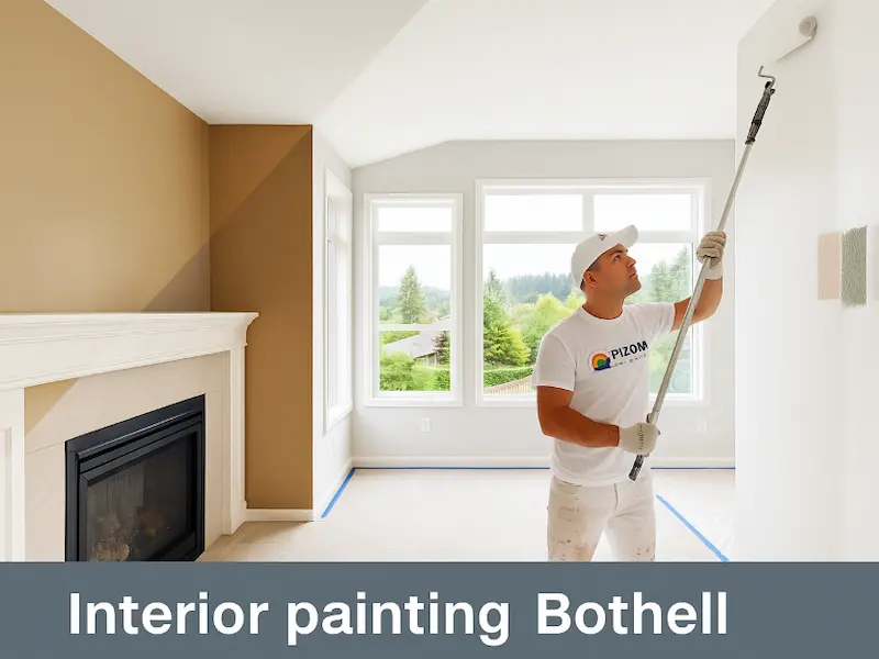 Professional interior painting project in Bothell home showing living room transformation with expert wall preparation and premium paint application