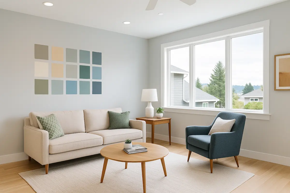 Professional interior painting project in Seattle showing modern living room transformation with expert wall painting and color consultation