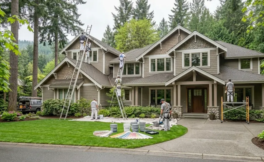 Large Bridle Trails Kirkland home exterior paint project showing fiber cement siding preparation and two-coat application