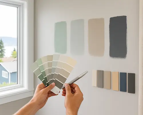 Professional color consultation for interior painting in Kirkland showing paint samples tested in various Lake Washington lighting conditions