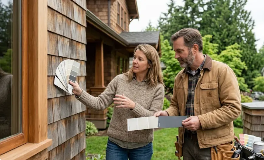 Color consultation for Kirkland home exterior showing paint sample chips against cedar siding in Pacific Northwest natural light