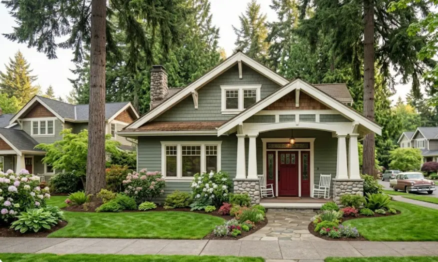 Restored 1952 craftsman home in downtown Kirkland with period-appropriate green body and cream trim exterior paint