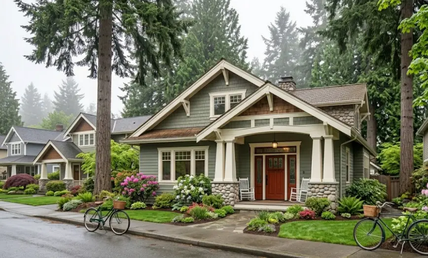 Freshly painted downtown Kirkland craftsman home showing Lake Washington area color palette with muted blue-gray body and white trim