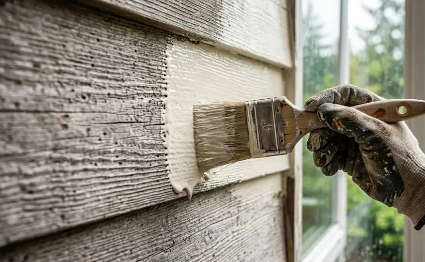 Close-up of cedar siding on Kirkland craftsman home showing proper oil-based primer application before topcoat