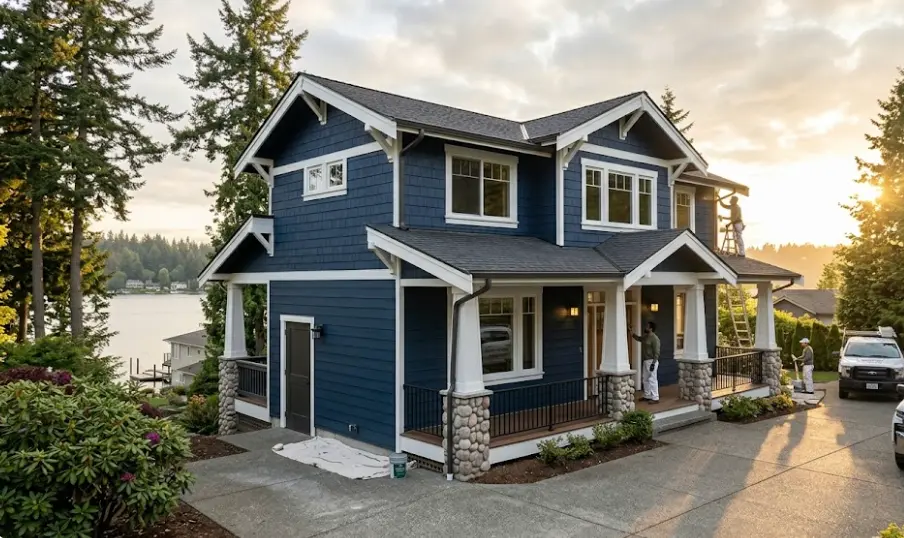 Exterior painting on a Kirkland WA home near Lake Washington — fresh paint on cedar and fiber cement siding