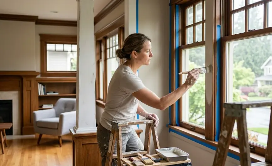 Professional interior house painting in Kirkland home showing clean lines, proper masking, and consistent sheen on living room walls