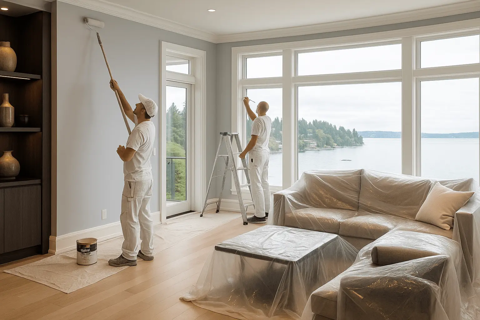 Premium interior painting process in luxury Kirkland home showing professional preparation and attention to detail