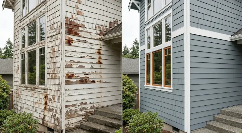 Full exterior repaint of 1977 cedar-sided home in Juanita Kirkland showing correct oil primer application and finished result