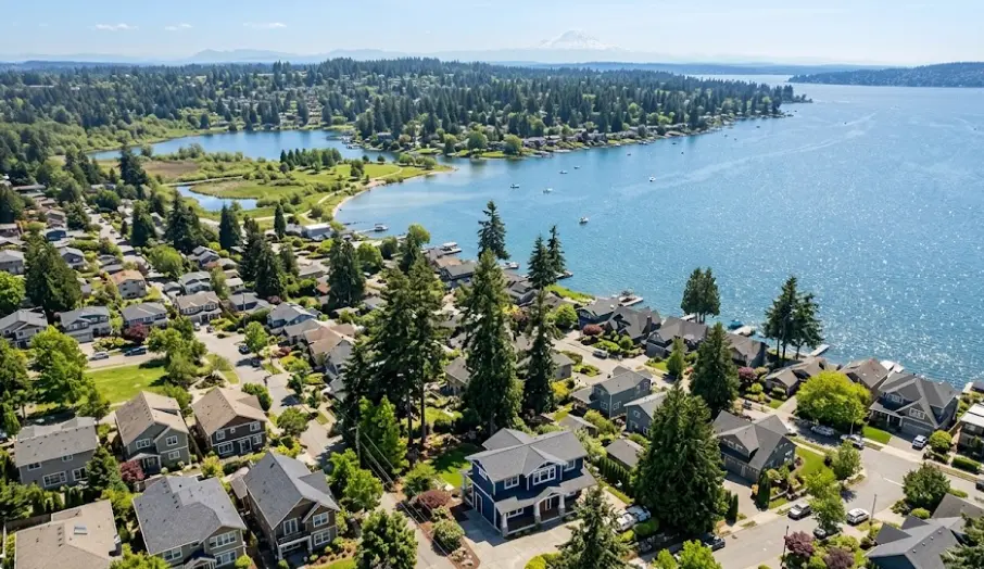 Aerial view of Kirkland WA neighborhoods along Lake Washington — Juanita, Houghton, Moss Bay