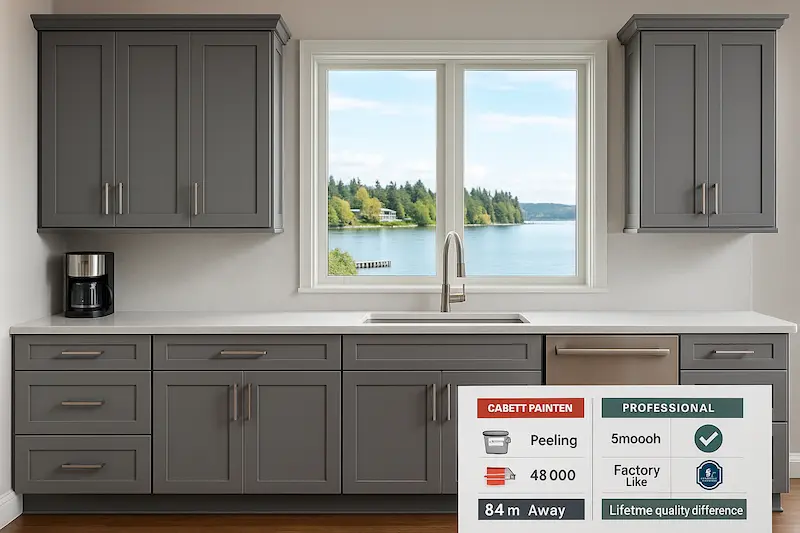 Waterfront kitchen cabinet painting transformation in Moss Bay Kirkland