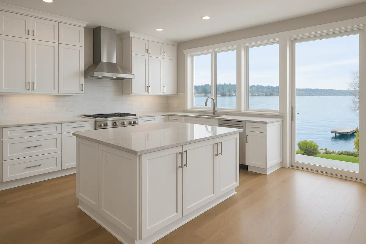 Waterfront kitchen cabinet painting in Kirkland showing moisture-resistant professional finish