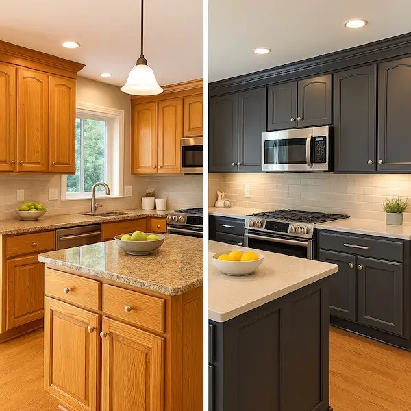 Professional kitchen cabinet painting transformation in luxury Bellevue home showing dramatic before and after results