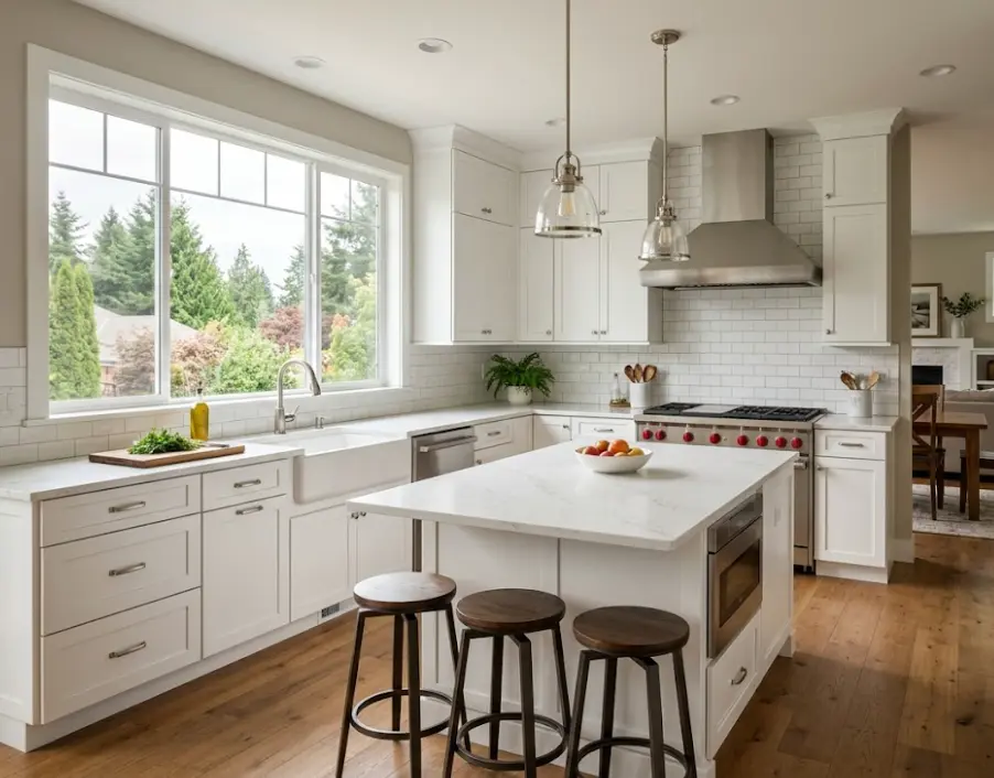 Professional kitchen cabinet painting transformation in Sammamish home showing before and after results