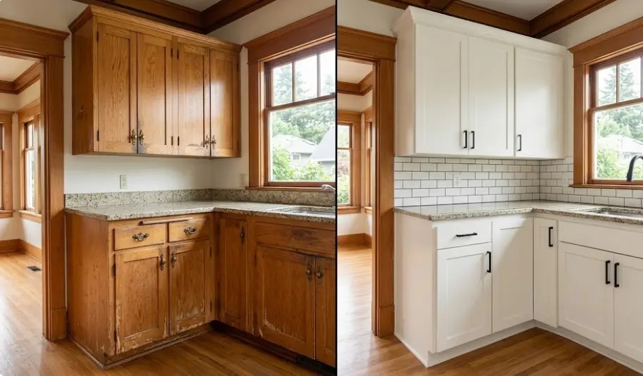 Professionally painted kitchen cabinets in Seattle craftsman home showing expert finish and transformation