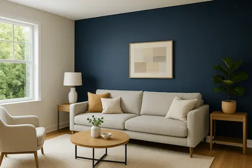 Living room with navy accent wall painting in Kirkland home