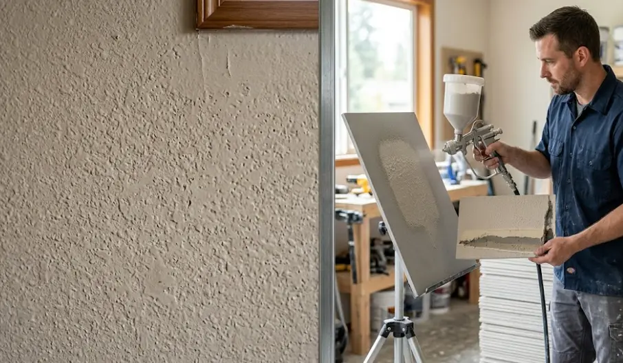 Orange peel texture matching process on 1970s Lynnwood home wall showing spray gun technique and before-after comparison