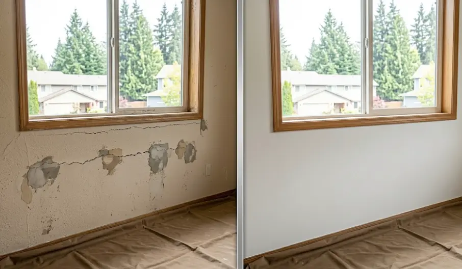 Before and after of recurring horizontal crack repair in Alderwood Lynnwood home using flexible compound system