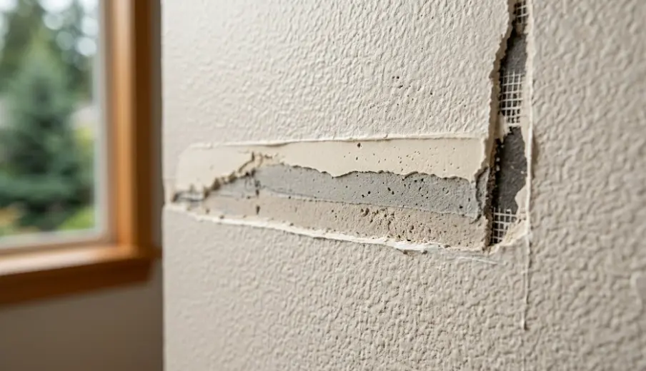 Close-up of professional drywall crack repair in Lynnwood Alderwood home showing proper compound layering technique