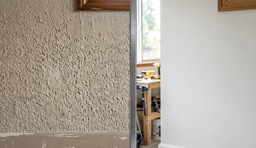 Before and after wall patching in Lynnwood rental home showing transformation from damaged to smooth surface