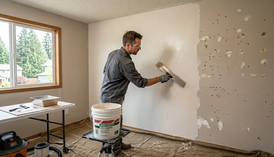 Full wall skim coat in Lynnwood rental property before sale showing transformation from damaged to smooth surface