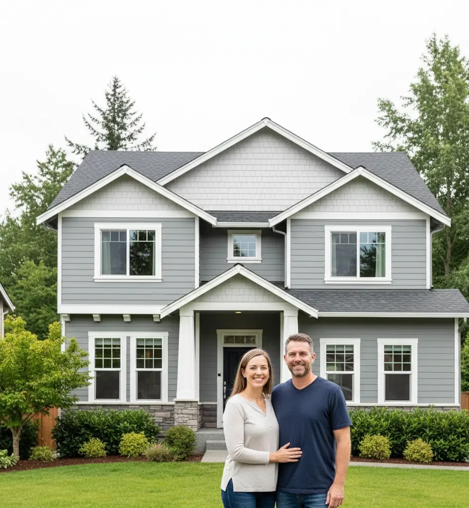 Satisfied Lynnwood homeowners in front of their beautifully painted home