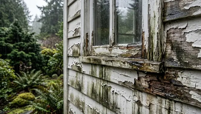 Effects of Pacific Northwest climate on a Lynnwood house showing moisture damage and paint peeling on exterior siding