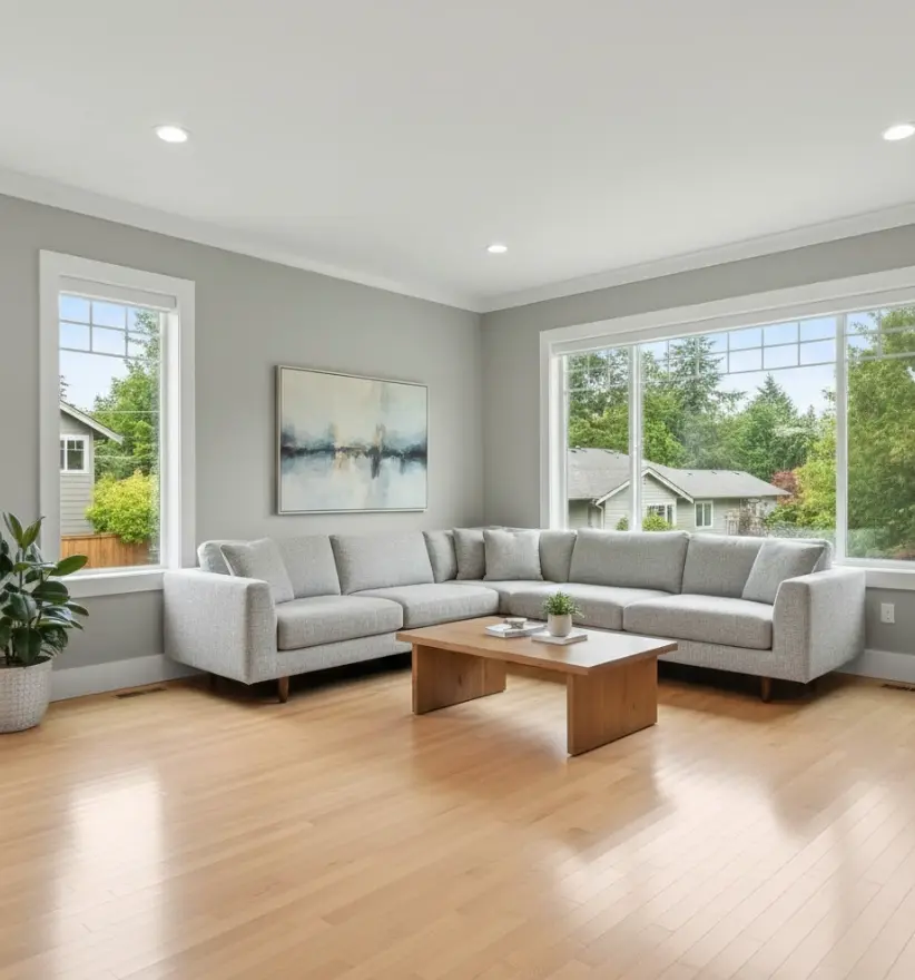 Living room wall painting in Lynnwood showing modern gray color transformation