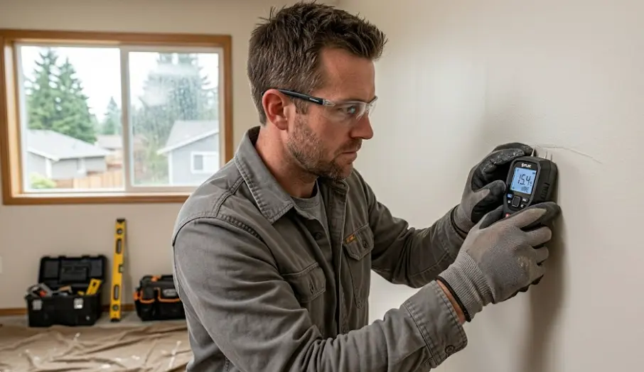 Professional contractor inspecting drywall substrate in Lynnwood home before patching to identify compound type