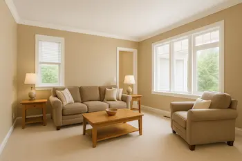 Professional interior painting of Mill Creek family room with warm neutral colors and precise trim work