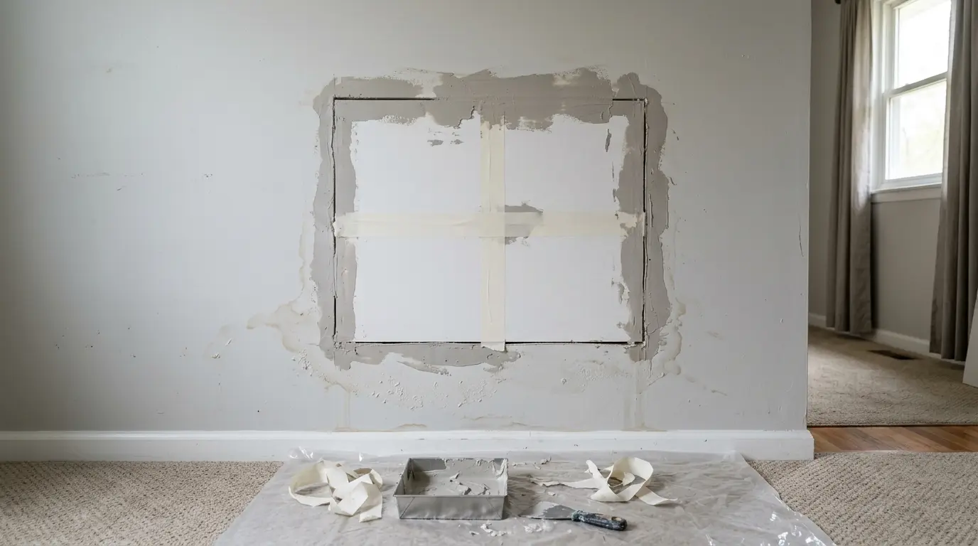 Water damage drywall repair in Mill Creek WA — cut-back, new board and Durabond 90 base coat before texture