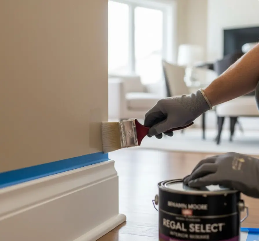 Professional painter carefully cutting in paint along trim in Bellevue home