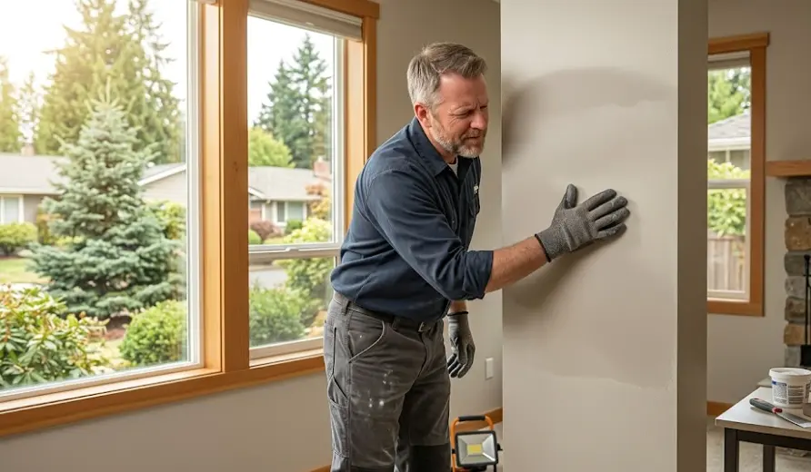 Professional wall patching in Lynnwood home showing expert drywall repair with seamless texture matching