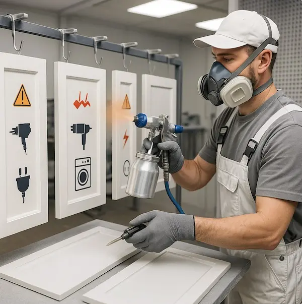 Professional spray painting setup for kitchen cabinets in workshop environment