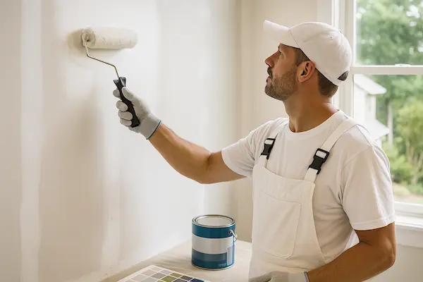 Professional paint application completing drywall repair in Edmonds with moisture-resistant system