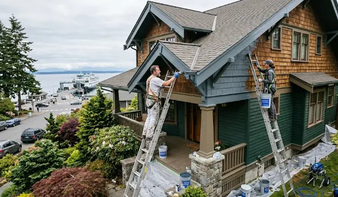 Professional Pizoni Painting team working on a beautiful residential home in Edmonds, WA with Puget Sound visible in the background