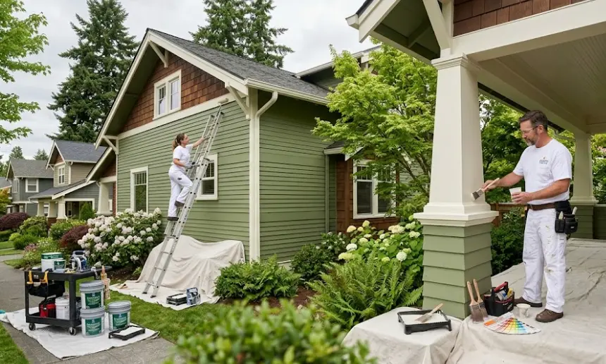 Professional painters working on a historic craftsman home in Everett WA with proper prep and lead-safe practices