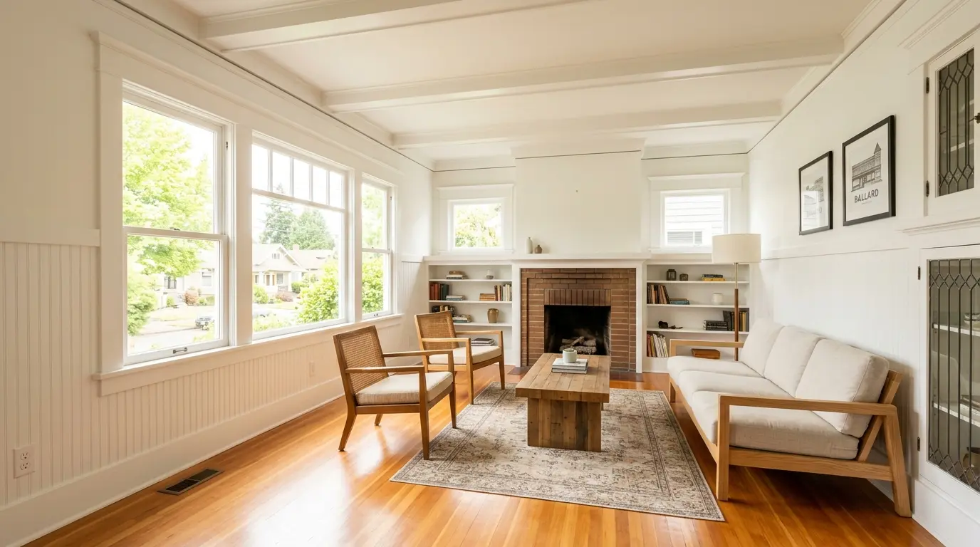 Interior painting in a Ballard Seattle home — bright open living room after professional repaint with BM Aura