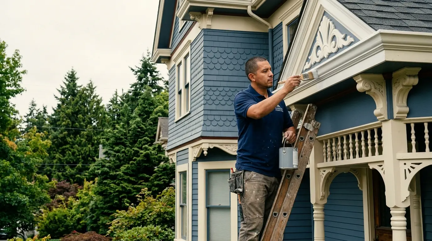 Professional painter Antonio Pizoni working on a Seattle Victorian home exterior — Capitol Hill