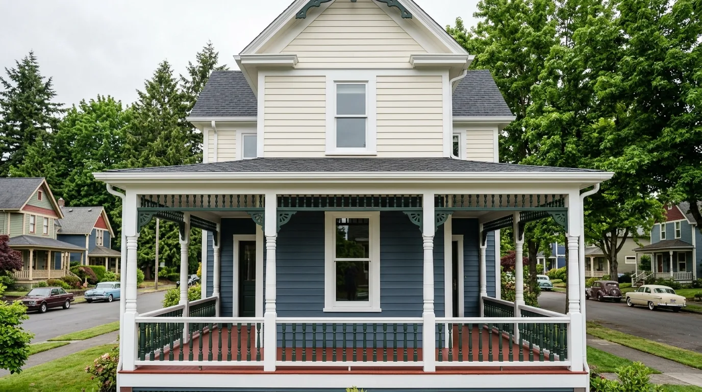 Five-color exterior repaint on an 1897 Queen Anne Victorian on Avenue D, Snohomish WA — Slate Blue body, Forest Green brackets, cream trim