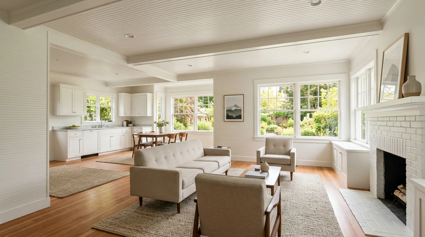 Interior repaint of a 1958 Snohomish rambler — wood paneling painted White Dove, bright open living area before listing