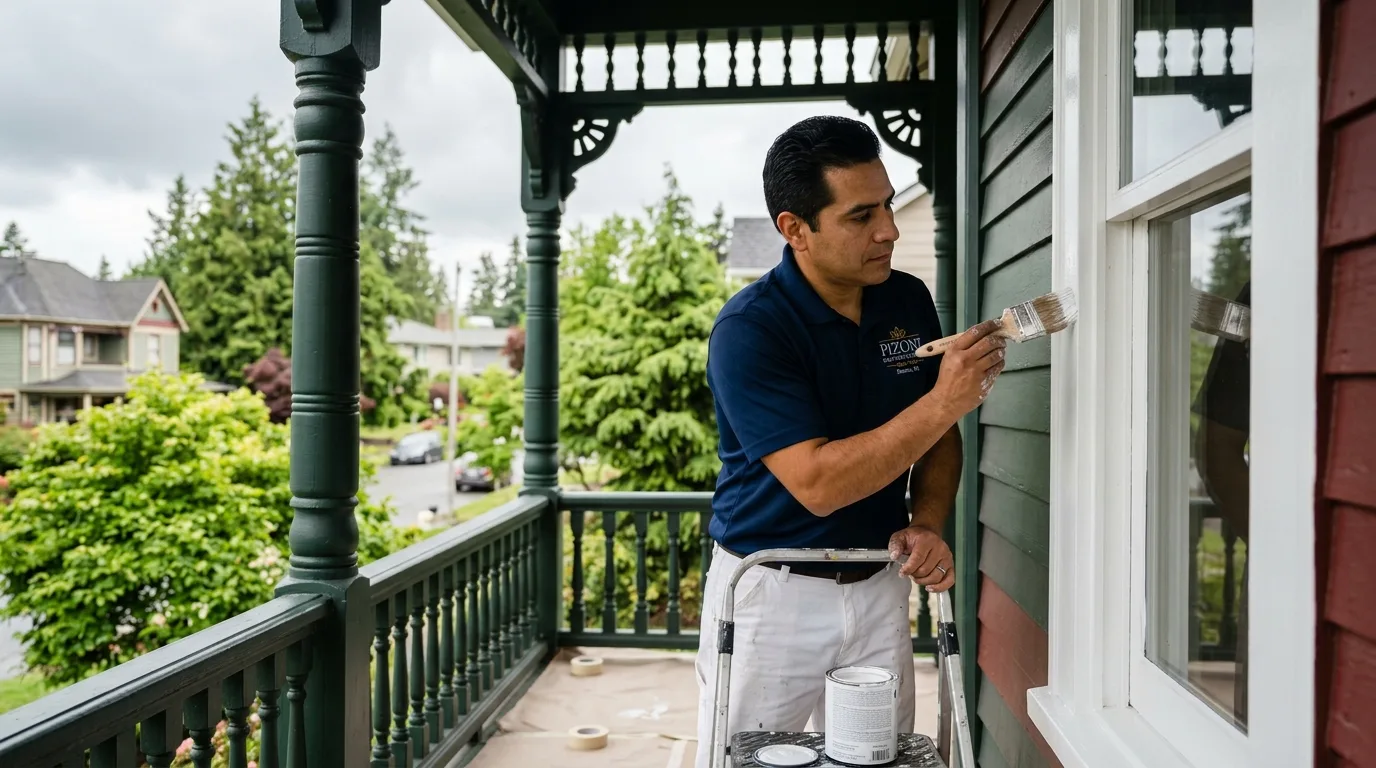 Professional painter working on a historic Victorian home exterior in Snohomish WA