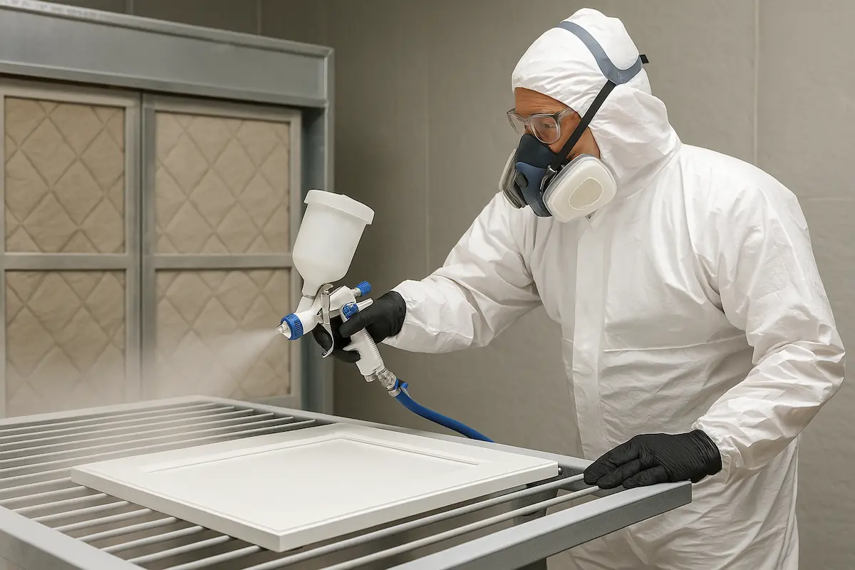 Professional HVLP spray equipment applying cabinet paint in controlled workshop environment