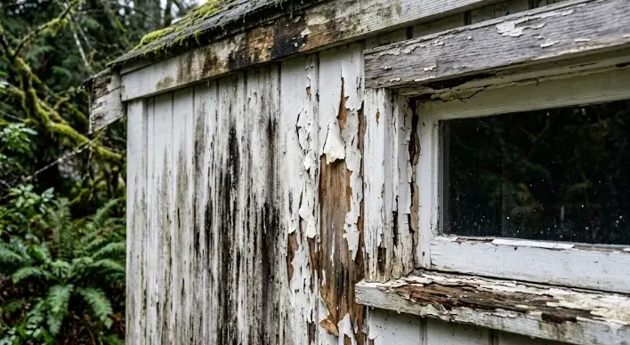 Close-up of exterior paint failure on a Redmond Washington home showing peeling, mildew and weathering damage on siding