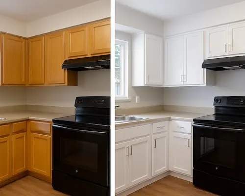 Kitchen cabinet painting transformation in Renton home showing dramatic before and after results