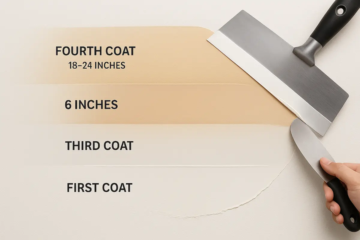 Professional edge feathering technique for invisible drywall patching in Renton showing multi-layer approach
