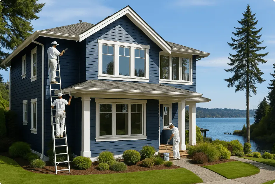Premium residential painting project in Kirkland showing luxurious home exterior with Lake Washington view