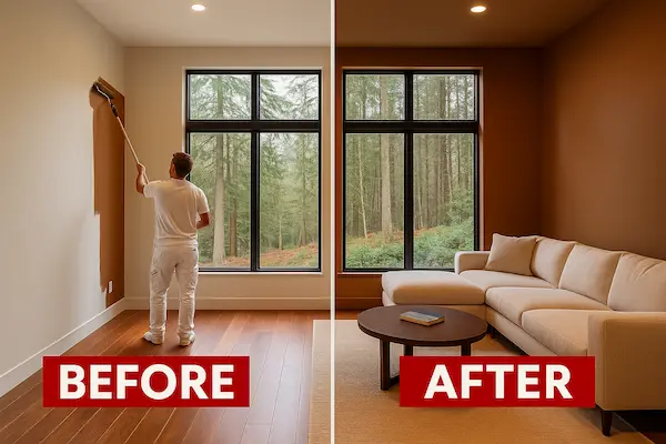 Professional room painting in Sammamish showing living room transformation using color psychology